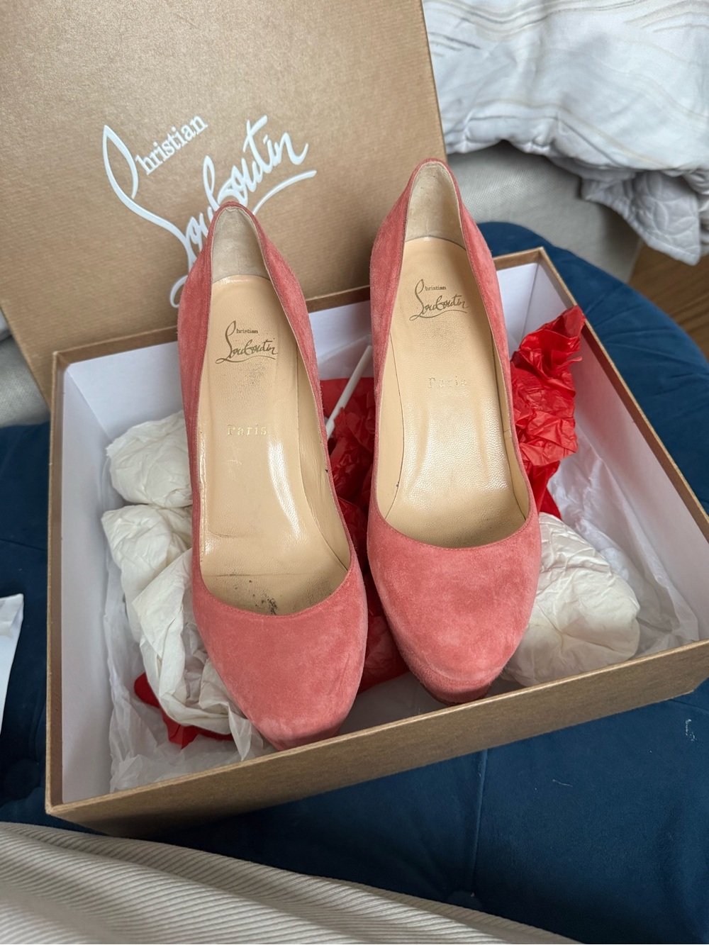 Christian Louboutin Coral Pink Suede Round-Toe Pumps